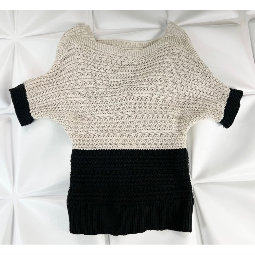 Ann Taylor LOFT Womens Sz S Black Beige Chunky Sweater Top Contrast Minimalist